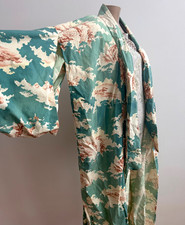 Vtg 1930s 40s 50s Cotton Kimono Robe Housecoat Hand Sewn Teal Asian Print sz S M