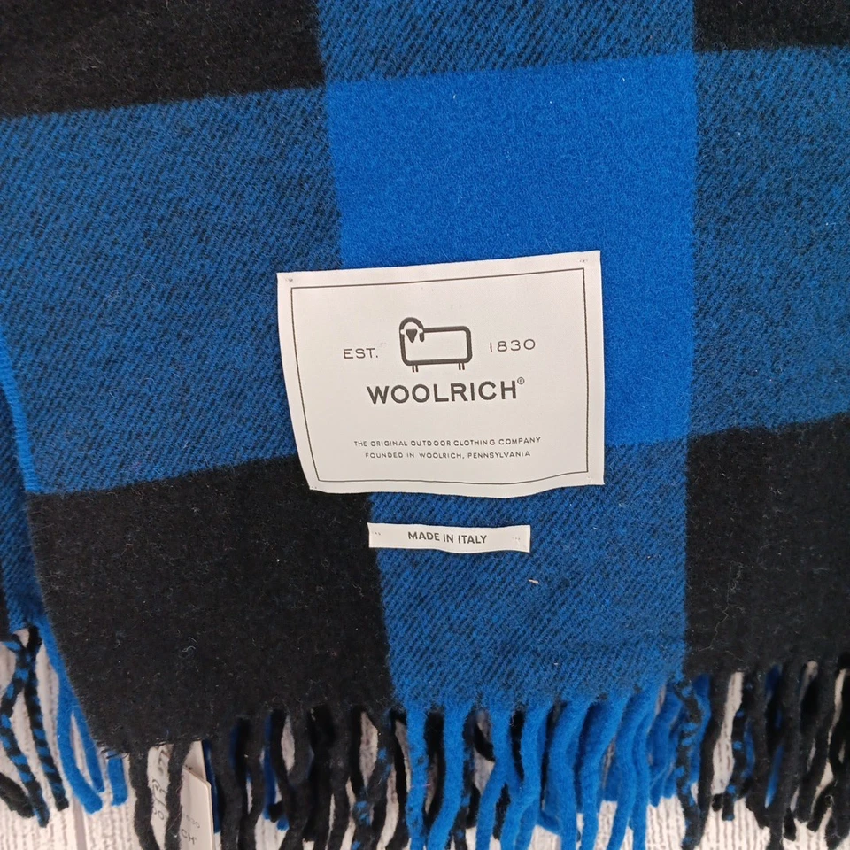 Woolrich Blanket Blue Black Buffalo Check Plaid Wool Throw Made in Italy Fringe - Image 2 of 4
