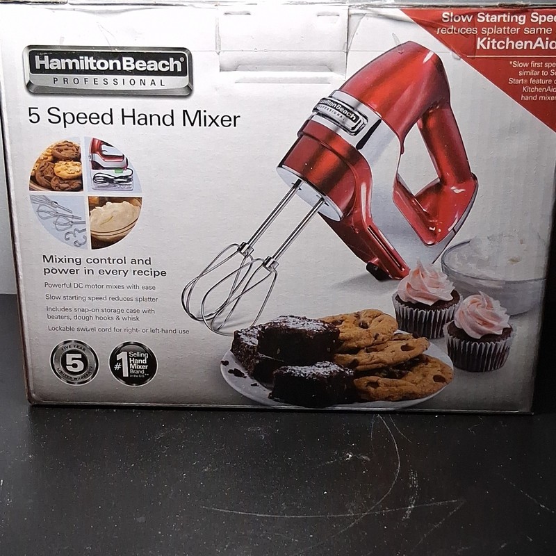 Hamilton Beach 62653 5-Speed Handheld Mixer Red Stainless Steel w/ Attachments
