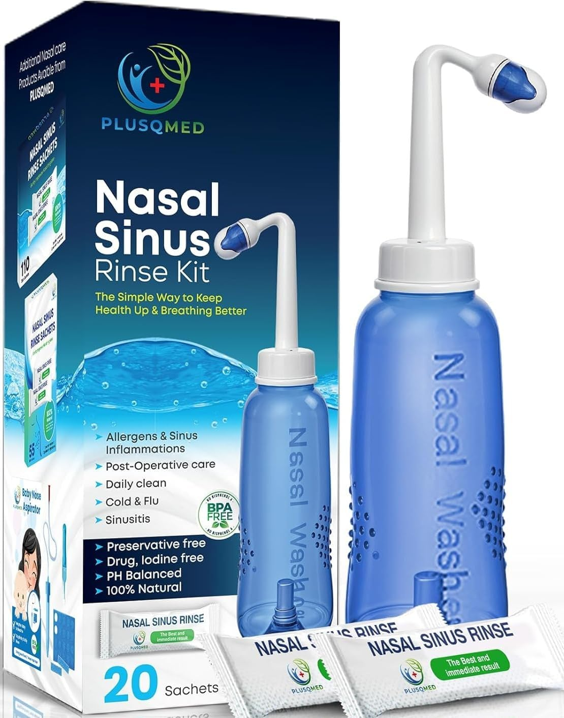Nasal Rinse Kit – 300Ml Bottle + 20 Saline Packets – Neti Pot for Sinus Relief &