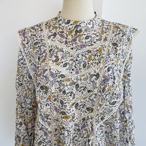 Witchery Blouse Size 14 Floral Print Lace Trim Blouson Long Sleeve 100% Cotton - Picture 9 of 21