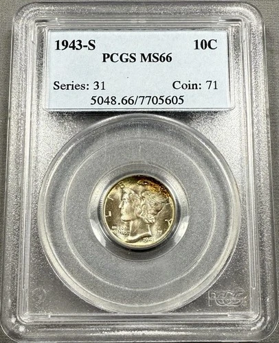 1943-S Mercury Dime 10c - PCGS MS66 - Light Rainbow Toning PQ