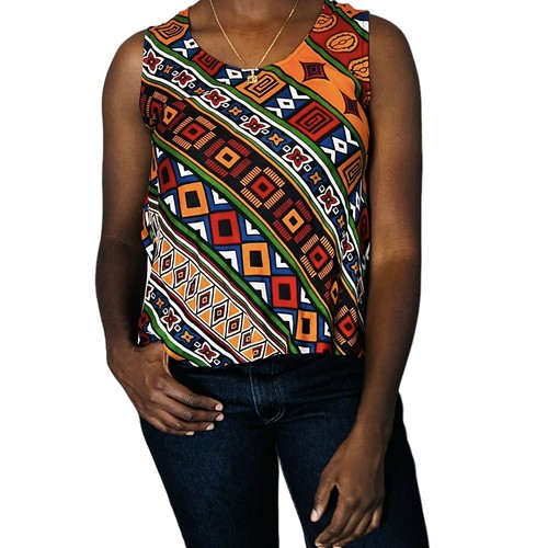 Multi Color Sleeveless Loose Fit Multi Color African Design Shirt