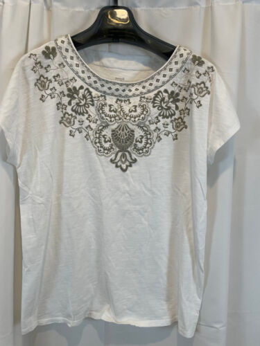 Pure Jill J. Jill White Embroidered Floral Neckline Boxy Short Sleeve Top Large