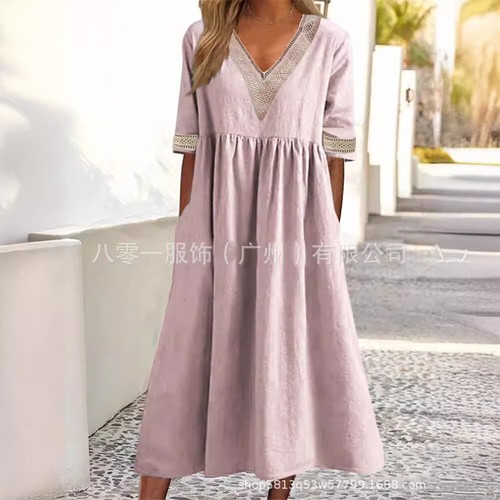 Ladies V Neck Lace Pocket Dress Summer Loose Linen Cotton Long Dresses PLUS SIZE - Picture 10 of 13