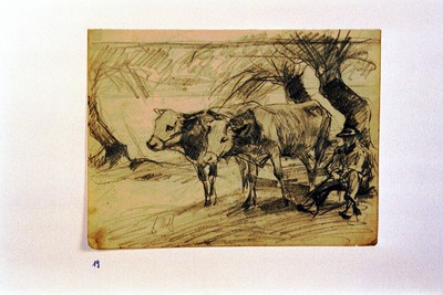 Kühe mit Bauer  Zeichn.# 19, v. Georg Wolf aus der Düsseldorfer Akademie