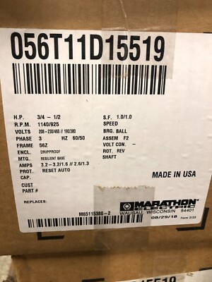 OEM Kramer Trenton Marathon 056T11D15519 3/4 HP 1140RPM 56Z Condenser Fan Motor