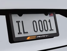 E Ray Corvette License Plate Frame Black Premium Metal (Orange & White)