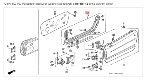 HONDA ACURA GENUINE OEM NSX Passenger Side Door Weatherstrip (Lower)