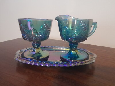 Indiana Blue Carnival Glass Creamer Sugar & Tray Harvest Grapes_AS
