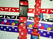 BLACK,PURPLE or RED NYLON DOG LEASH or COLLAR, BONES OR PAWS, MADE IN USA