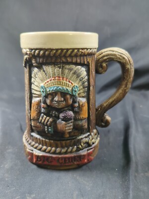 Vintage 6'' Ceramic Big Chief Native Am Indian W Headdress Mug Stein Unique Rare