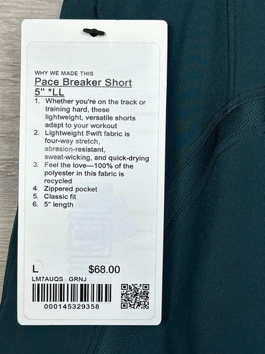 Lululemon Pace Breaker Short 5” Linerless Size Large Green Jasper GRNJ 29358.. - 第 4/5 張圖片