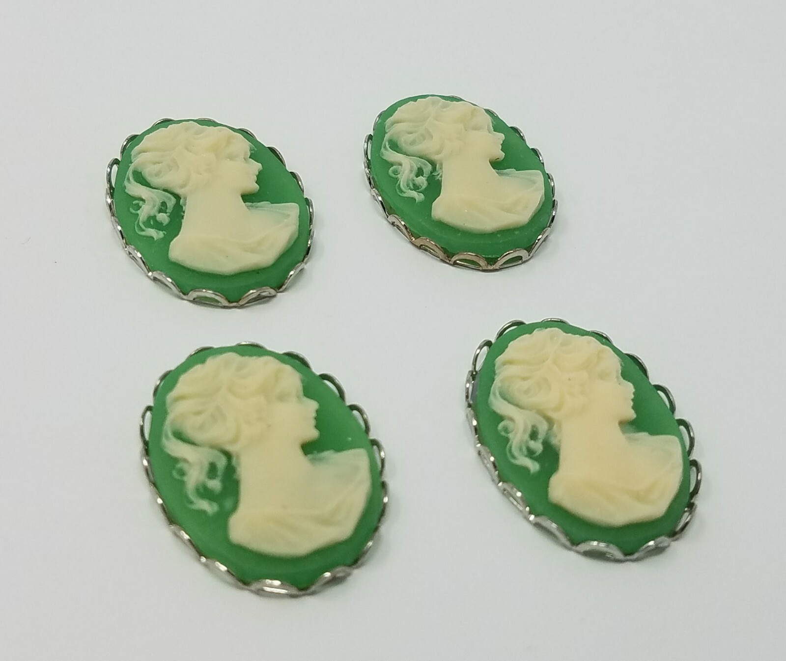 4 pcs 25mm VTG Green Victorian Lady Craft Jewelry Cameos Silver Filigree Setting