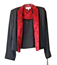 Dressbarn ~ Black Crepe Red Satin Asian Trim Open Blazer Jacket 6 New $59