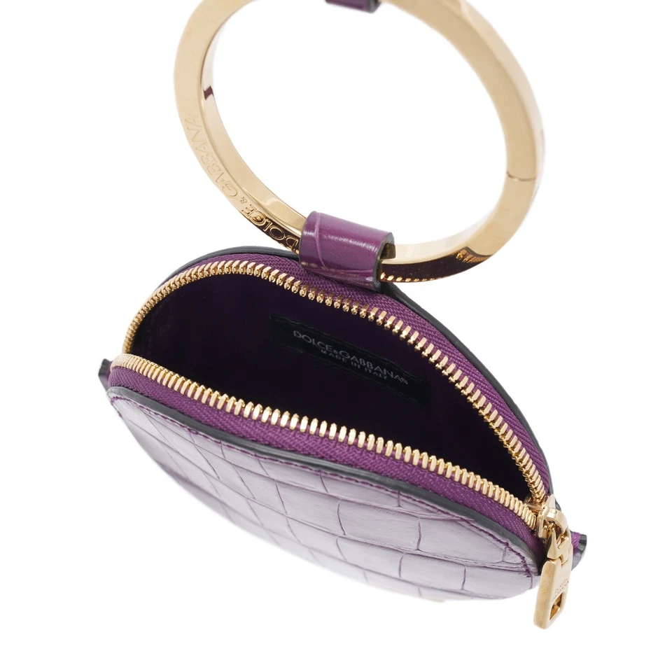 DOLCE & GABBANA DG Logo Croco Cuir Étui Sac Portefeuille Violet Or - Photo 3/4