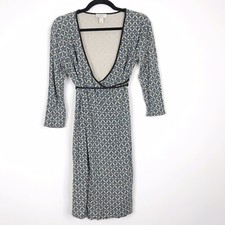 LOFT Maternity Size 2 M Cream Blue Printed Wrap Dress Tie Waist Casual Summer