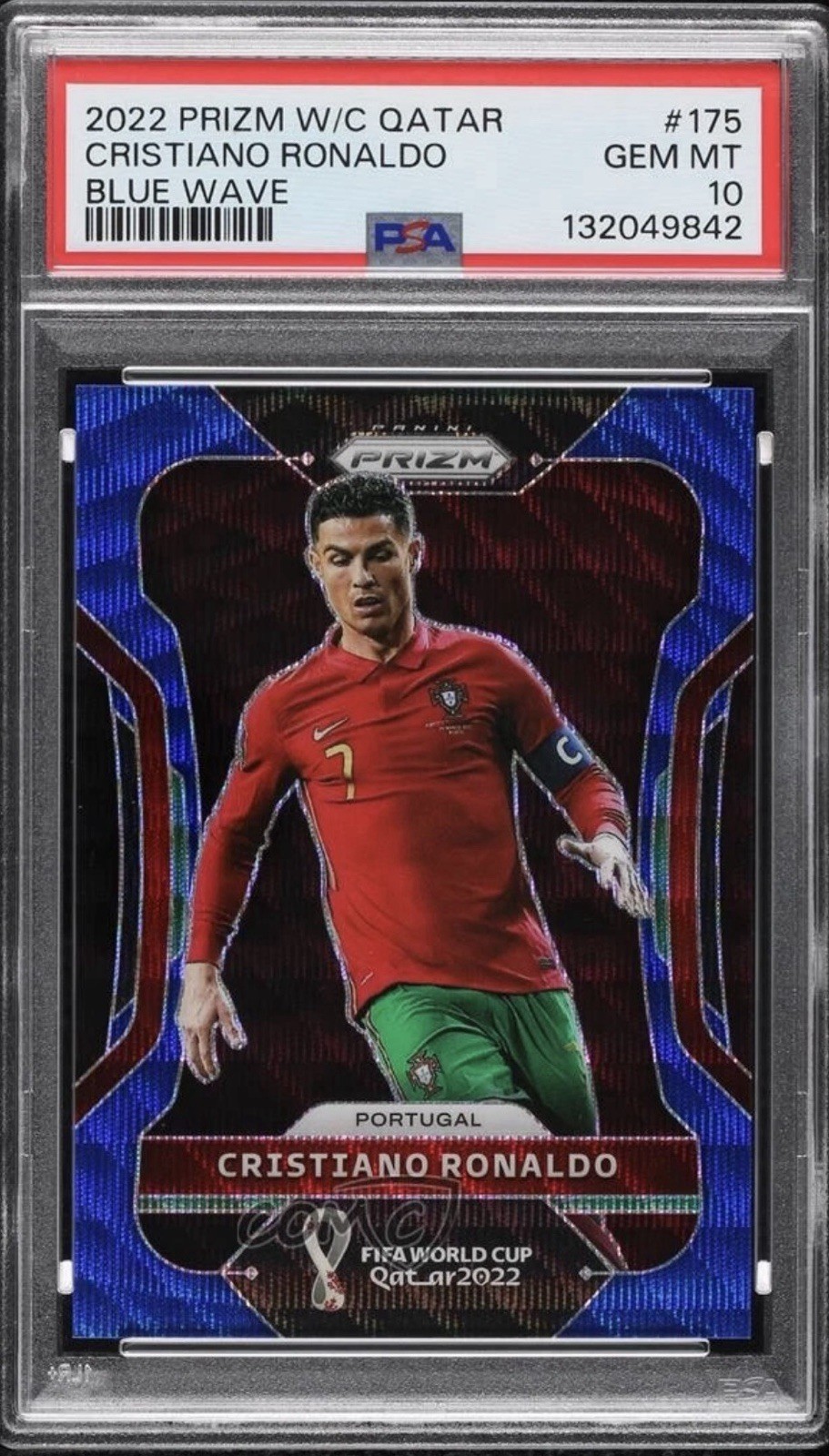 Panini 2022 Prizm World Cup Qatar Cristiano Ronaldo #175 Blue Wave /199 PSA 10