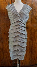 Adrianna Papell Size 14 Pleated V NeckTiered Ruffles Dress Gray/Metallic Shimmer