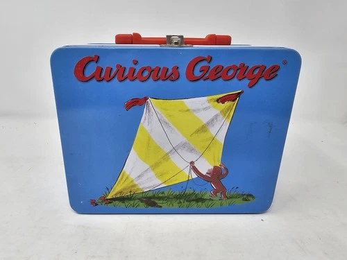Vintage Curious George Tin Lunch Box Schylling Collectible Blue Metal Lunchbox