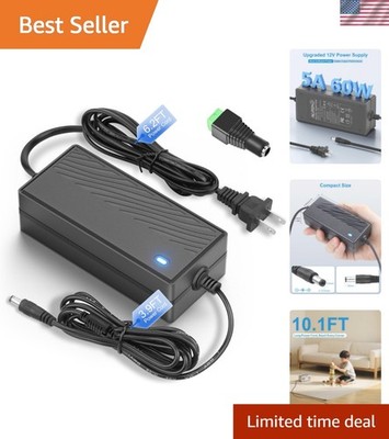 12V 5A Power Supply - 60W Quiet AC/DC Adapter with 10.1ft Cord, Safe & Compact
