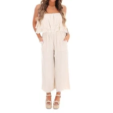 Umgee Women’s Size Small Losing My Mind Tiered Jumpsuit Beige Fringe Hem Linen