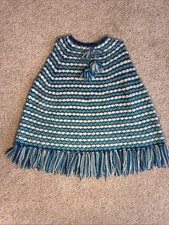 Vtg Hand Crochet Girls Poncho Blue Teal White Grannycore Boho 70s Kids Capelet