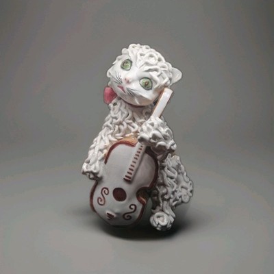 Vintage Spaghetti Porcelain Cat Playing Bass Cello Ceramic White 7'' Tall