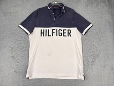Tommy Hilfiger Polo Shirt Men Large Blue White Cotton Short Sleeve READ