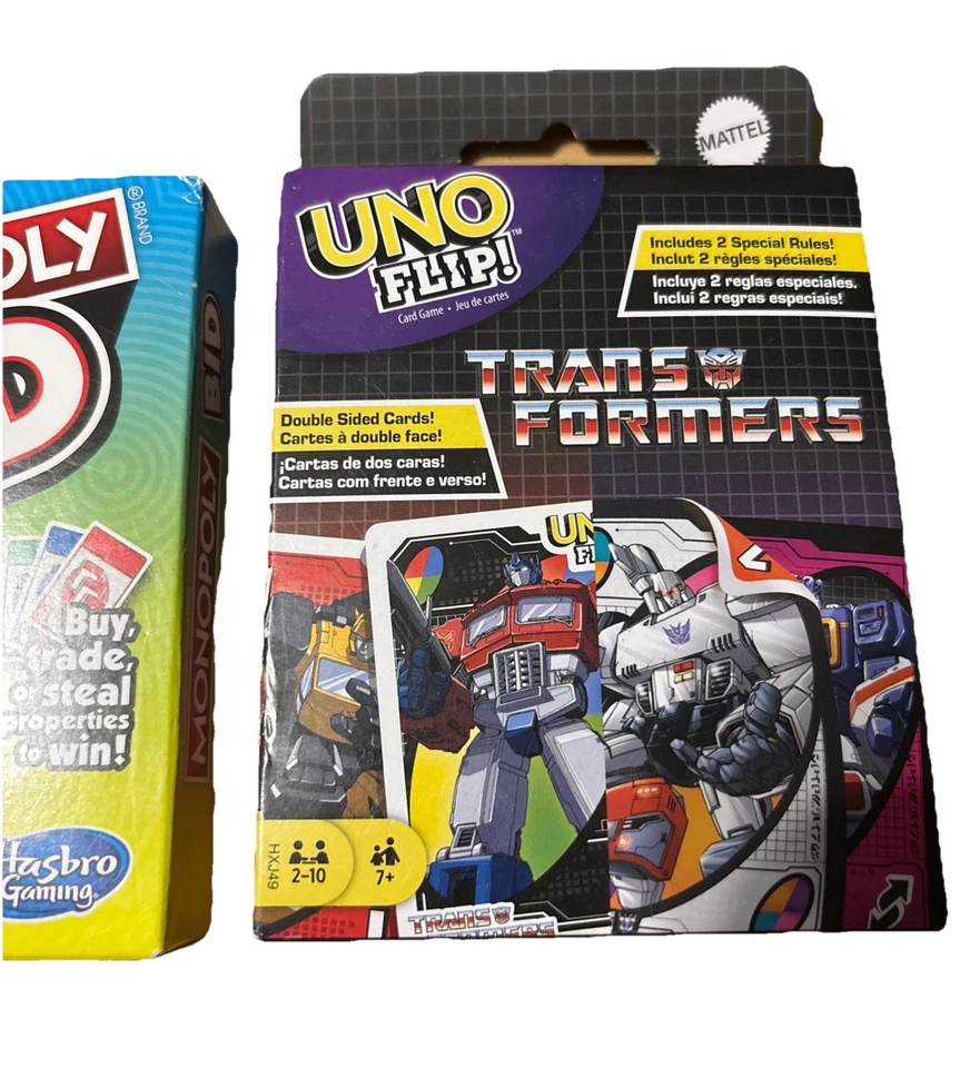 Mattel Games UNO Flip Transformers y Monopoly Bid Juegos de Cartas Nuevos Foto 3 de 4