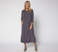 Denim & Co. Women's Petite Dress PM Heritage Velour Knit Midi Gray A624164