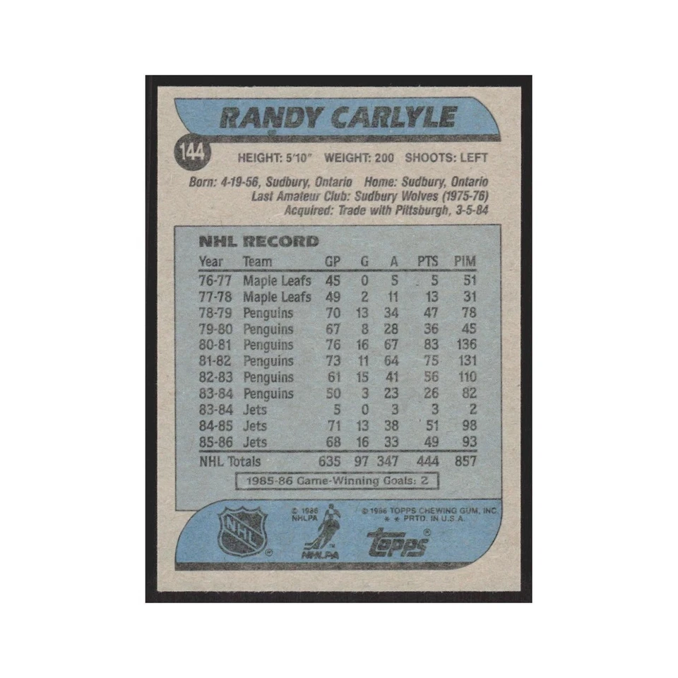 1986 Topps Randy Carlyle Winnipeg Jets #144 - Image 2 of 3