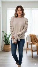 Tahari Wool  Cashmere Lace-up Sleeve Crewneck Sweater Small Chalk NWT 295 MSRP