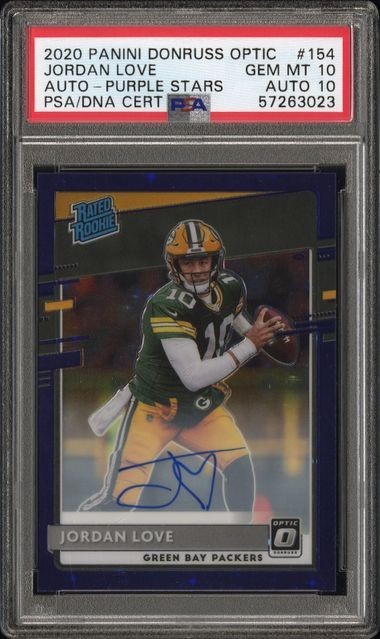 2020 PANINI OPTIC #154 JORDAN LOVE ROOKIE AUTO-PURPLE STARS /50 PSA 10 AUTO 10