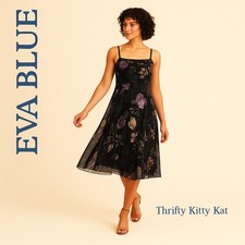 Eva Blue Petite Beaded Floral Midi Dress VTG Boho Whimsygoth Wednesdaycore 10P