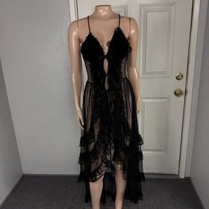 Vintage Mellow Mail Lingerie Burlesque Sheer Lace Gown Ruffle Velvet Hi low Y4-3