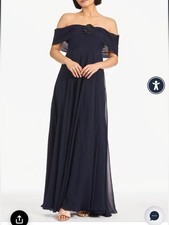 Sachin Babi Rebecca Rosette Silk Off Shoulder Gown Midnight Navy Blue