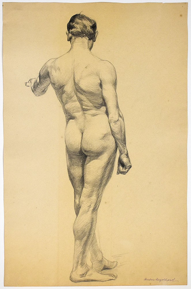 Engelhard, Anton: Männlicher Akt von hinten. Signierte Zeichnung