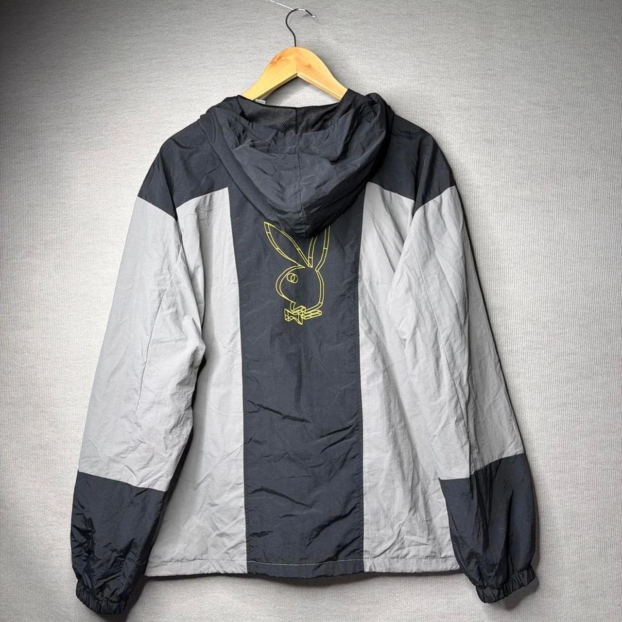 Playboy Windbreaker Jacket Colorblock Hooded Half Zip Grey Black S - product detail image 2