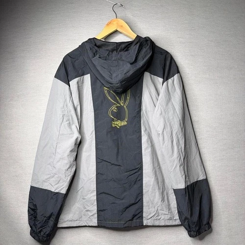 Playboy Windbreaker Jacket Colorblock Hooded Half Zip Grey Black S image 2