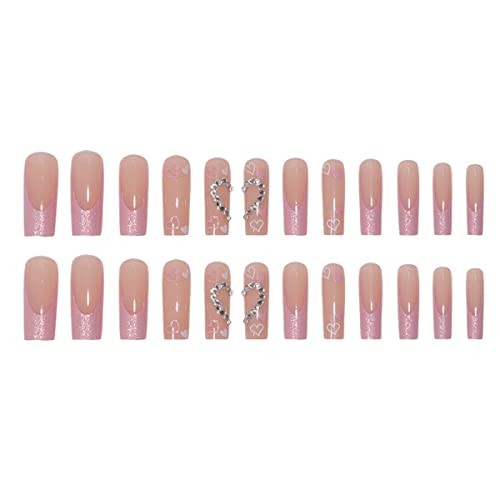 Glitter French Tips Press on Nails Long Square Fake Nails Pink Full French-1 - Bild 3 von 7