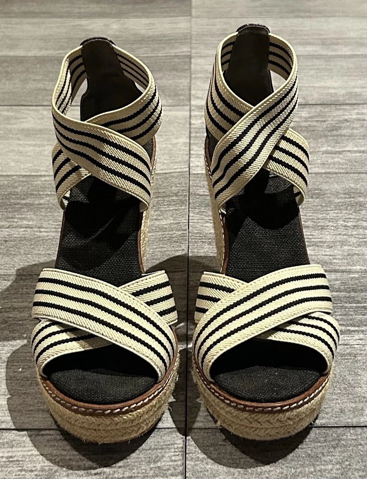Tory Burch Frieda Espadrille Wedge Open Toe Sandals Womens 7.5 Navy Blue/Beige - Image 2 of 4