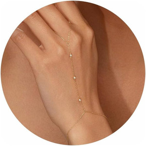 Authentic Dainty Gold Hand Chain Bracelet for Women - Trendy 14K Gold Plated Finger Ring w