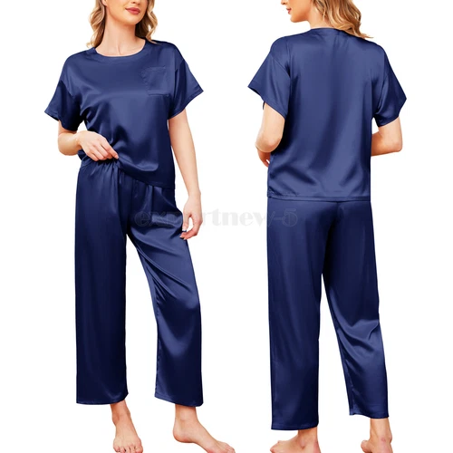 Silk Pajamas for Women Short Sleeve Satin Sleepwear Two Piece Pj Sets Loungewear - Picture 14 of 17