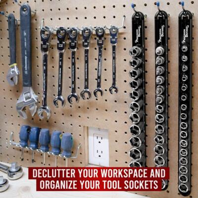 Precision Defined Aluminum Tool Socket Holder 3-Piece Set – 1/4", 3/8", 1/2" Rails With 360° Rotating Clips, Heavy Duty Socket Organizer For Toolbox (Black)