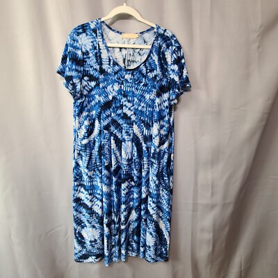 La Cera Dress Blue Tie Dye Casual Short Sleeve Midi Dress XL