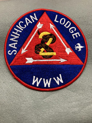 (123) Boy Scouts-  WWW Sanhican OA Lodge 2 -  red trim 6'' round jacket patch