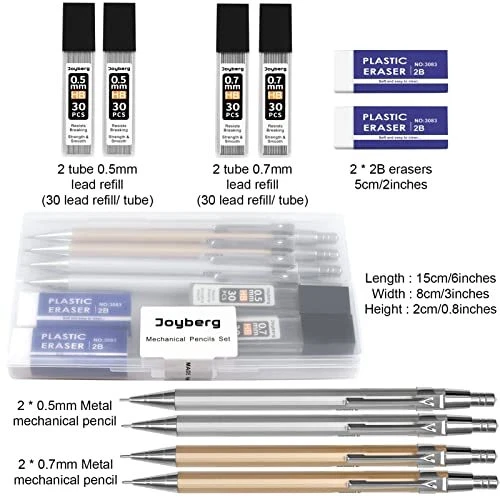 4 Pack Metal Mechanical Pencil 0.5mm 0.7mm Lead Pencil with 30 HB Lead Refills