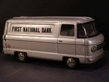 60s Armored Bus Truck Saving Coin First National Bank Friction Japanese Tin Toy