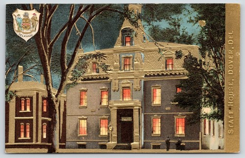 Dover Delaware ~ State Capitol Nachtlichter ~ orange leuchtend ~ Blattgold geprägt ~ um 1910